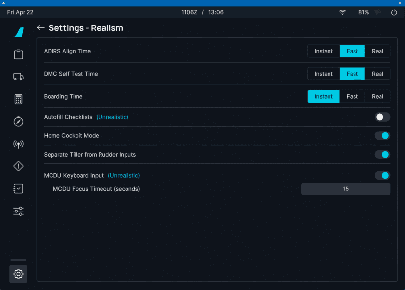 flyPad Settings Sim Options Tiller